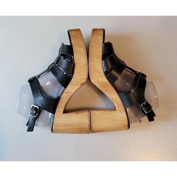 Anthropologie Silent D Italian Black Leather Wooden Fisherman Heels Sz 41 - Picture 7 of 11